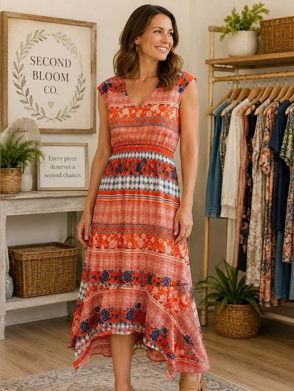 One World Size M Orange Navy Floral Boho High Low Midi Dress